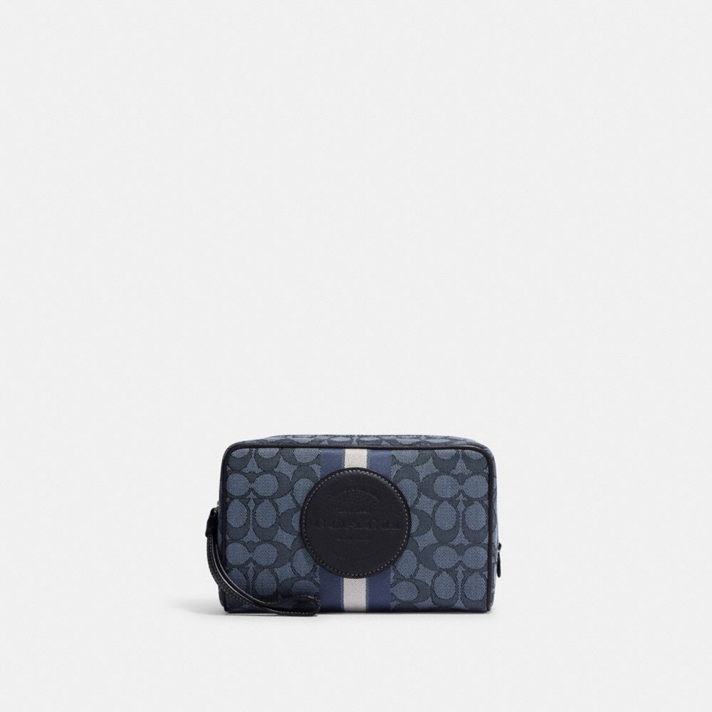 Silver Denim Midnight Navy Multi Dempsey Boxy Cosmetic Case 20 In Signature Jacquard With Stripe And Coach Patch