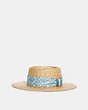 COACH®,RAFFIA BRIMMED HAT WITH SCARF,Silk,Khaki Powder Blue,Front View