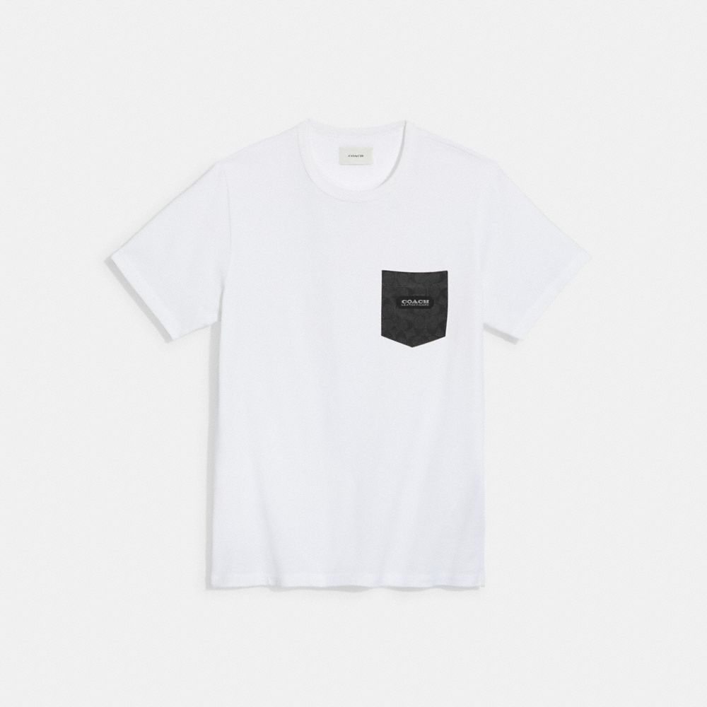 COACH®,ESSENTIAL POCKET T-SHIRT IN ORGANIC COTTON,White/Charcoal Signature,Front View