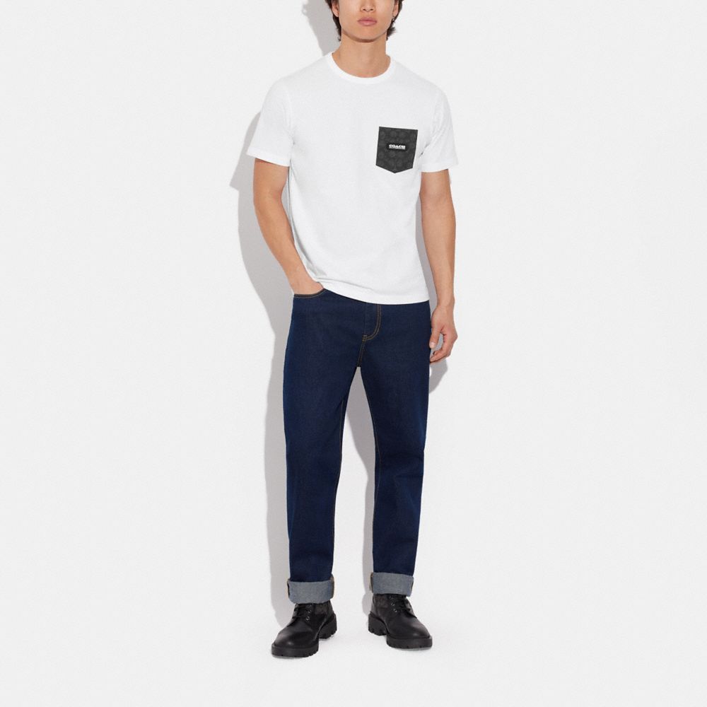 COACH®,ESSENTIAL POCKET T-SHIRT IN ORGANIC COTTON,White/Charcoal Signature,Scale View