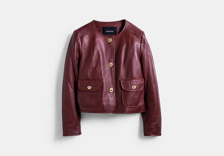 COACH®,CARDI LEATHER JACKET,Leather,Saddle,Front View