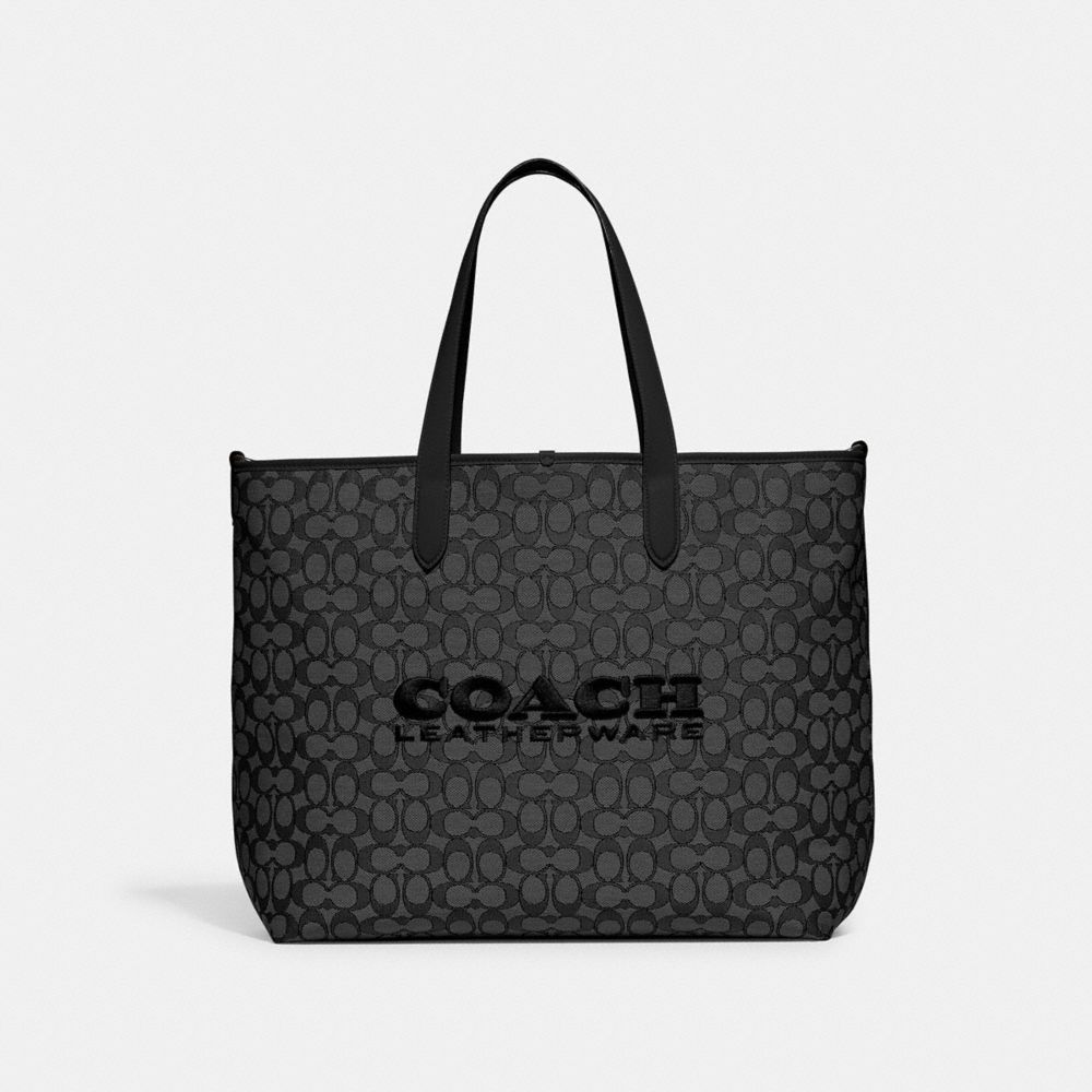 COACH®,LEAGUE TOTE IN SIGNATURE JACQUARD,Signature Jacquard,X-Large,Charcoal/Black,Front View