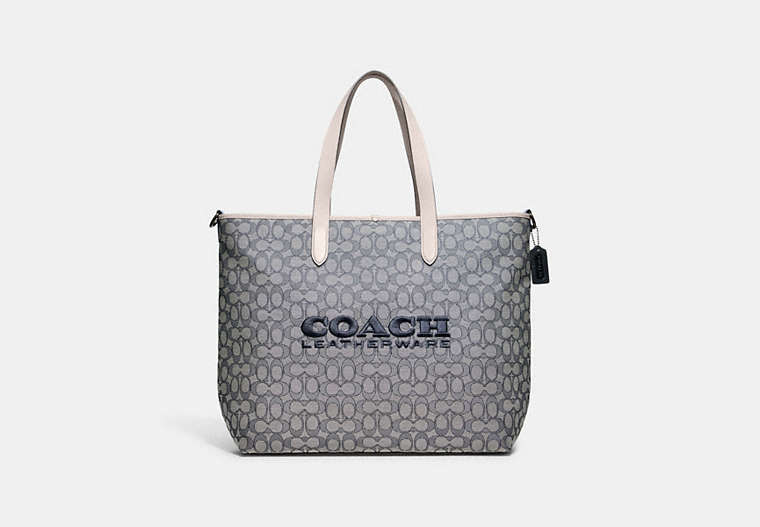 COACH®,LEAGUE TOTE IN SIGNATURE JACQUARD,Signature Jacquard,X-Large,Navy/Steam,Front View
