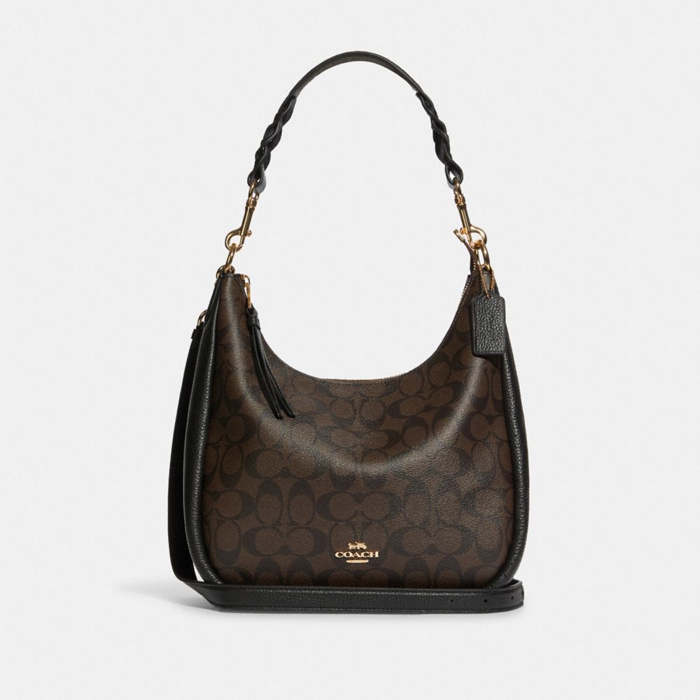 COACH®,JULES HOBO IN SIGNATURE CANVAS,Logo PVC,Large,Gold/Brown Black,Front View