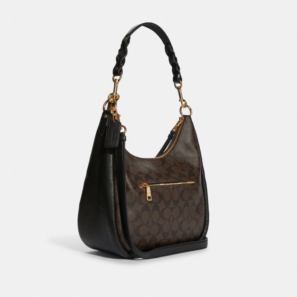 COACH®,JULES HOBO IN SIGNATURE CANVAS,Logo PVC,Large,Gold/Brown Black,Angle View