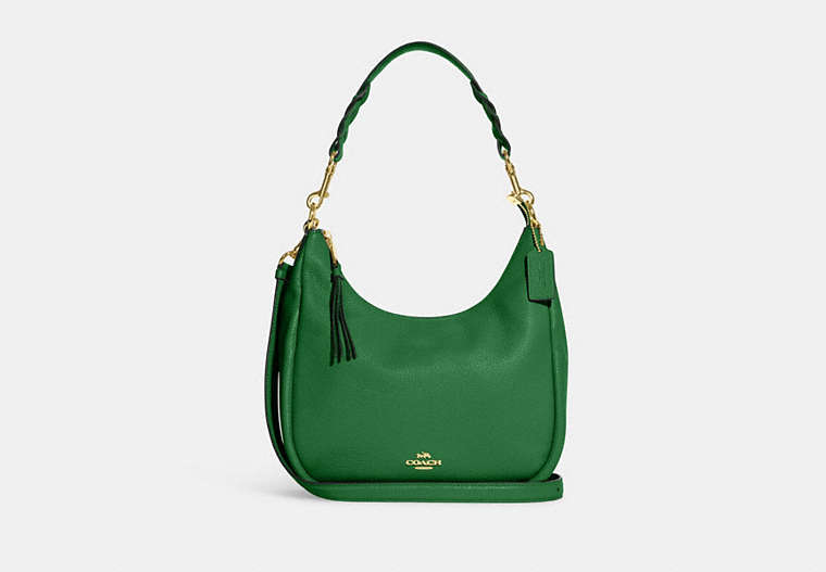 COACH®,JULES HOBO,Pebbled Leather,Large,Gold/Kelly Green,Front View
