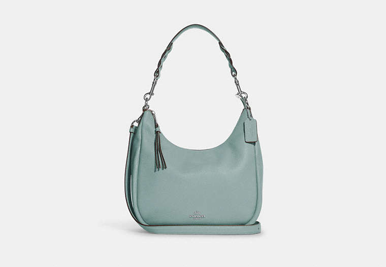 COACH®,JULES HOBO,Pebbled Leather,Large,Light Teal/Silver,Front View