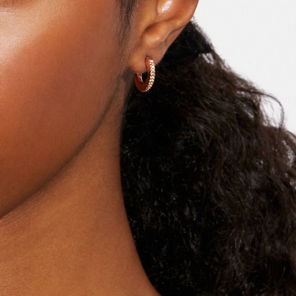 COACH®,Pave Huggie Earrings,Hoops,Huggies,Cubic Zirconia,Glass,Gem Embellishment,Titanium,Work,Clear,Detail View