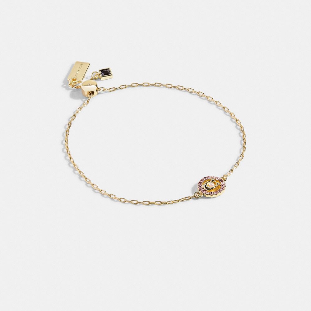 COACH®,SIGNATURE MULTICOLOR CRYSTAL SLIDER BRACELET,Mini,Gold/Pink Multi,Front View