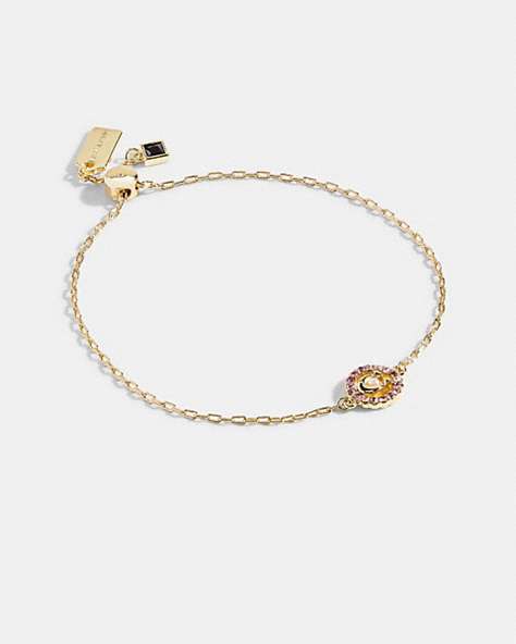 COACH®,SIGNATURE MULTICOLOR CRYSTAL SLIDER BRACELET,Plated Brass,Mini,Gold/Pink Multi,Front View