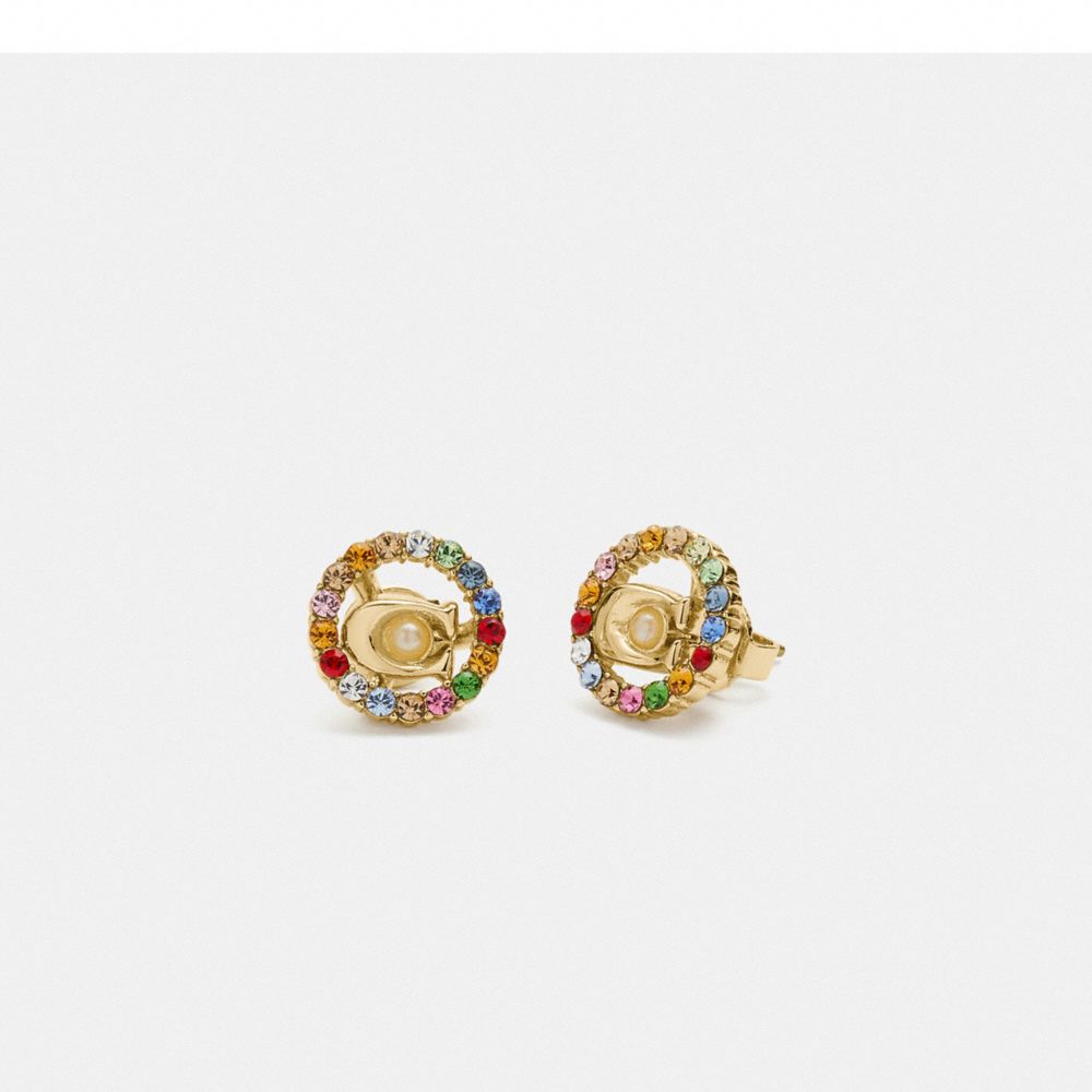 COACH®,SIGNATURE MULTICOLOR CRYSTAL STUD EARRINGS,Mini,Gold/Multi,Front View