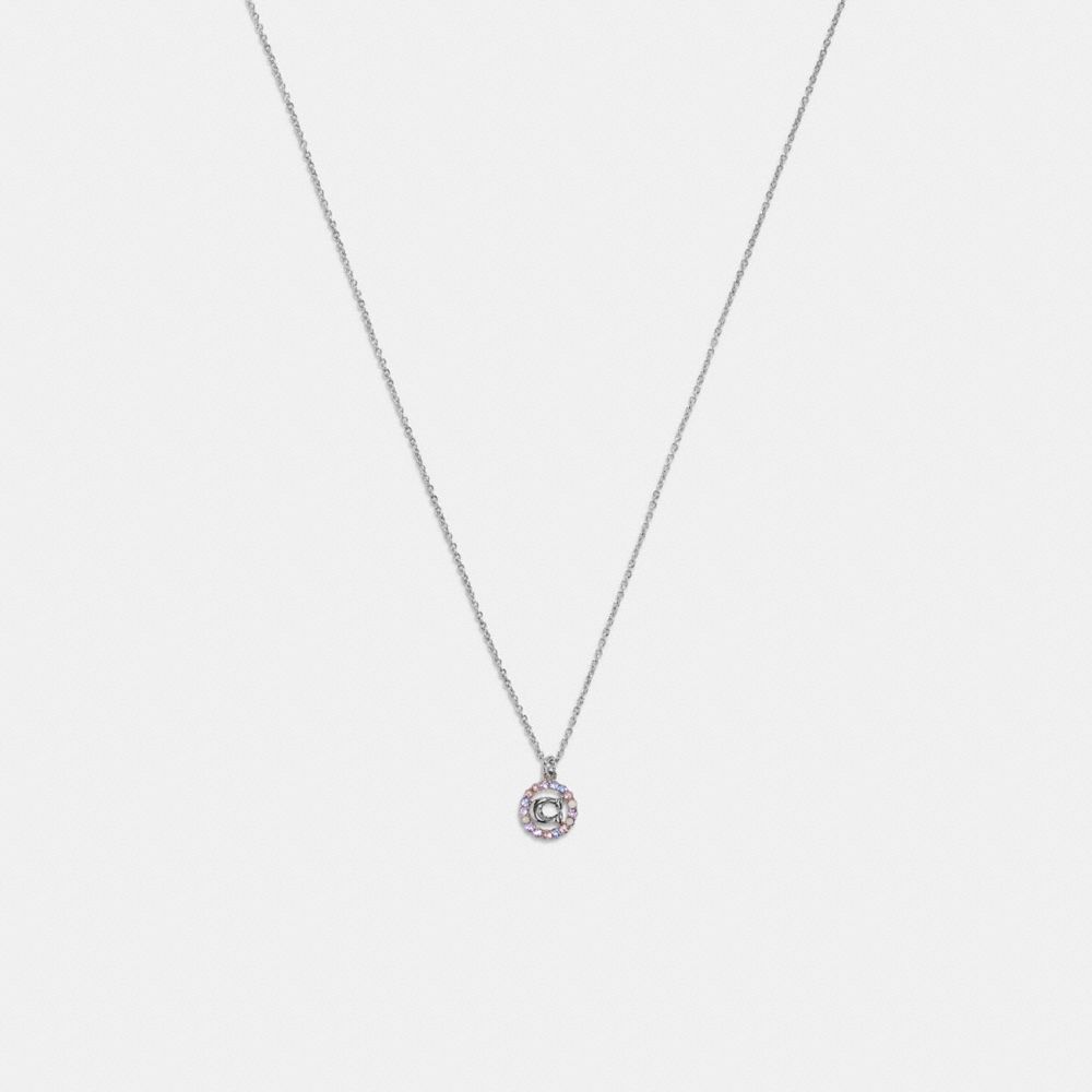 COACH®,Signature Multicolor Crystal Necklace,Single Strand,Cubic Zirconia,Gem Embellishment,Lettering Word,Pearl,Logo,Gold...,Clear,Front View