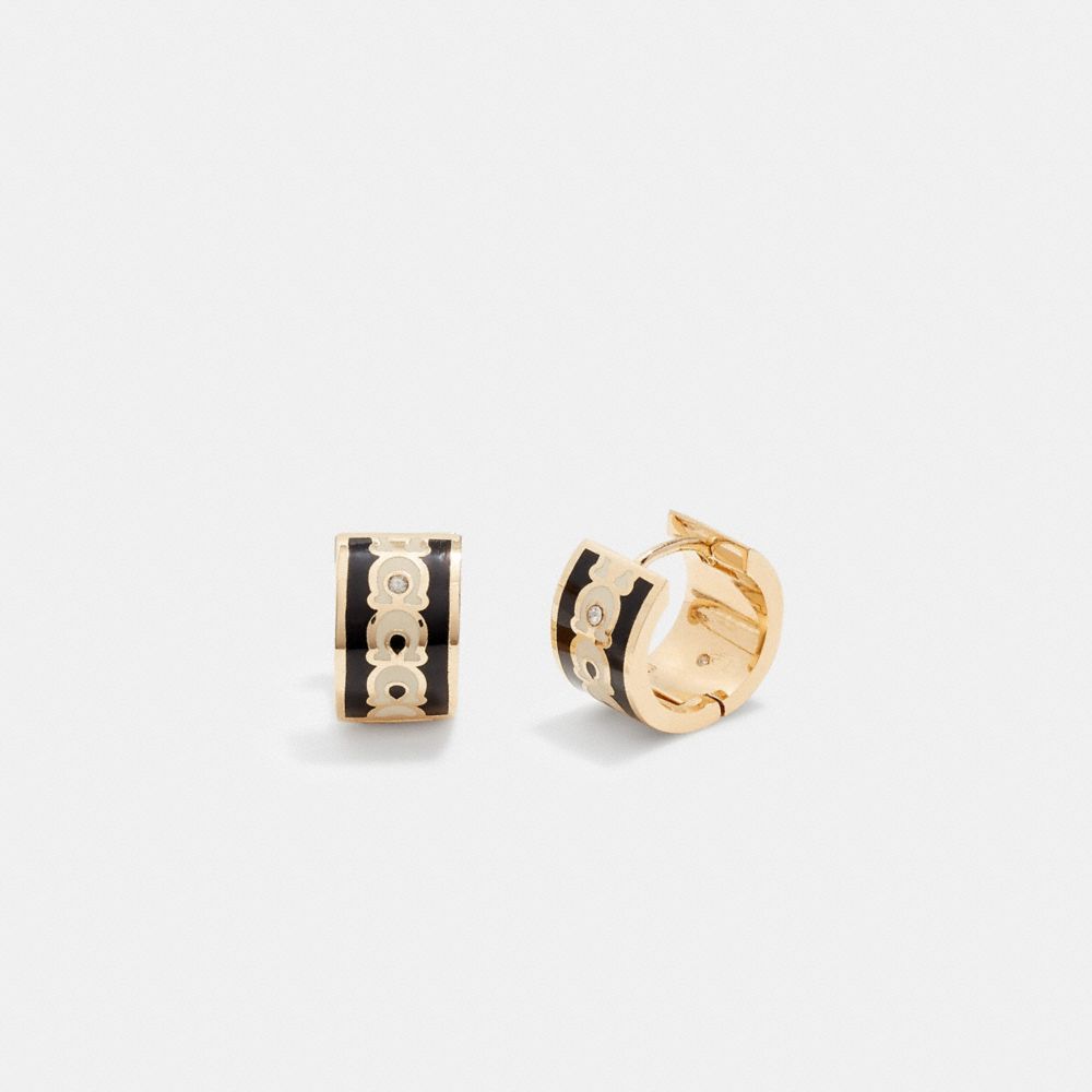 COACH®,SIGNATURE ENAMEL HOOP EARRINGS,enamel,Mini,Gold/Black,Front View image number 0