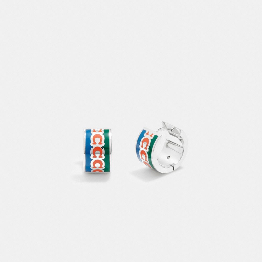 COACH®,Signature Enamel Hoop Earrings,Hoops,Enamel,Rhinestones,Logo,Brass,Casual,,Front View