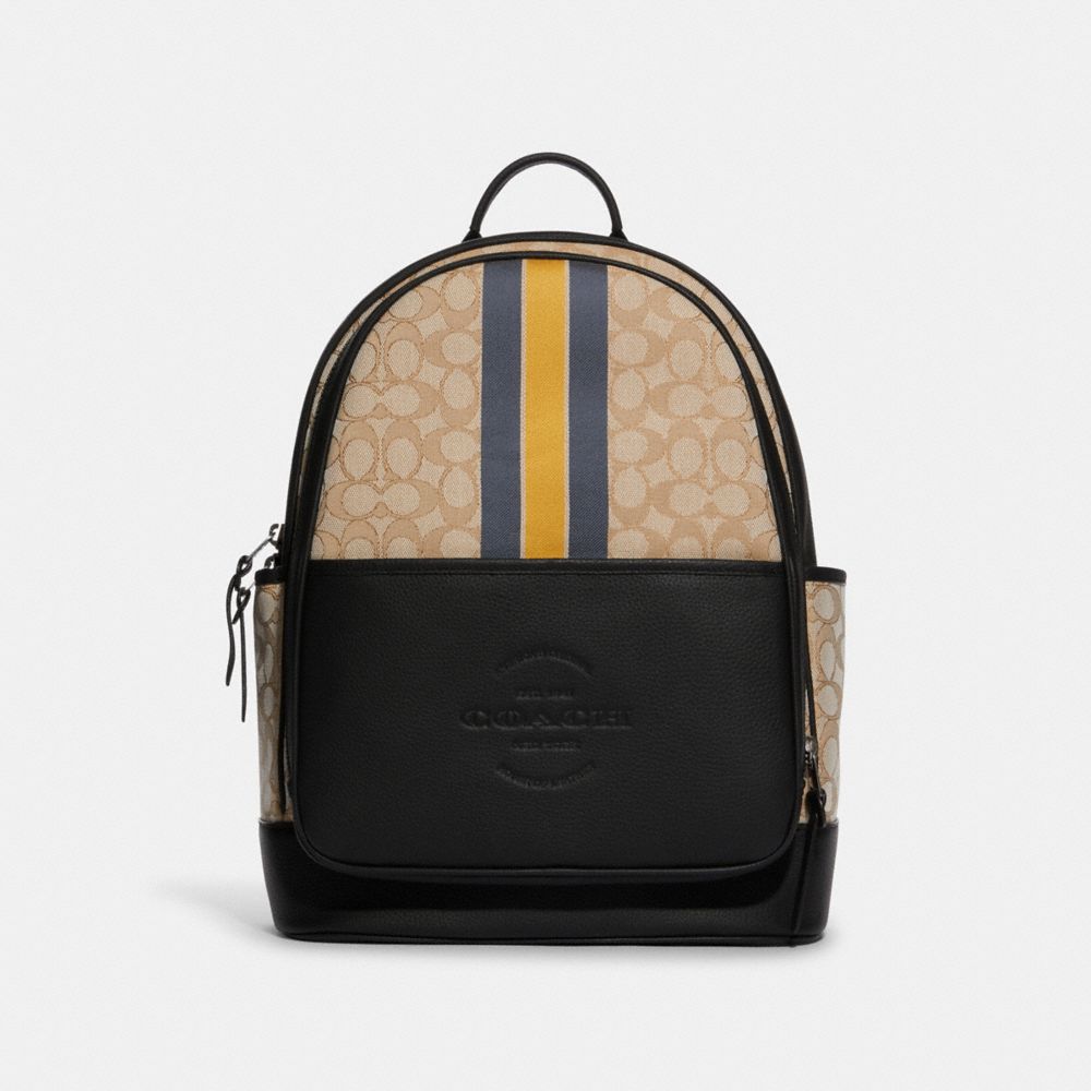 Coach Outlet Thompson Backpack In Signature Jacquard With Varsity Stripe - Men's Bags - Black