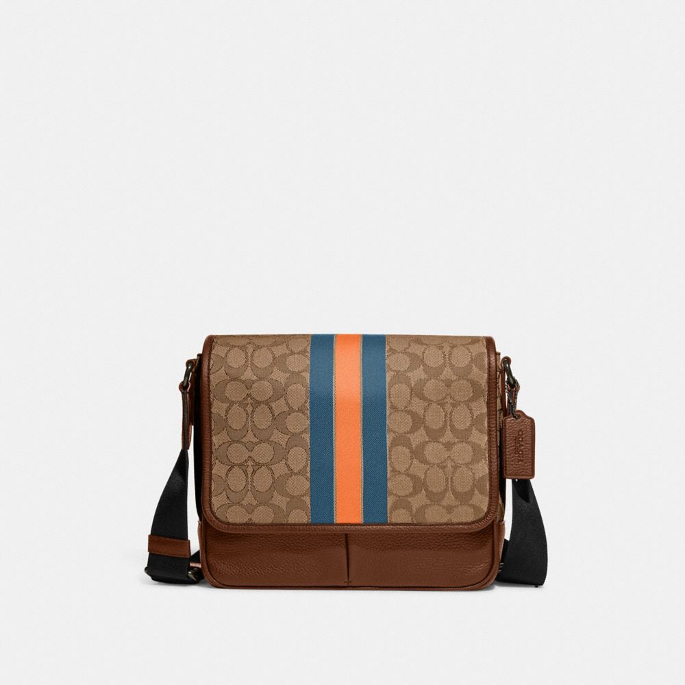 COACH®,PETITE BESACE THOMPSON EN TOILE SIGNATURE AVEC RAYURE VARSITY,Jacquard,Bronze Industriel/Kaki/Orange Bonbon Multi,Front View