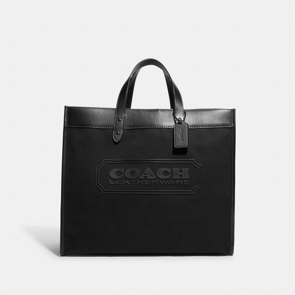 COACH®,FIELD TOTE BAG 40 IN ORGANIC COTTON CANVAS WITH COACH BADGE,X-Large,Black Copper/Black,Front View image number 0