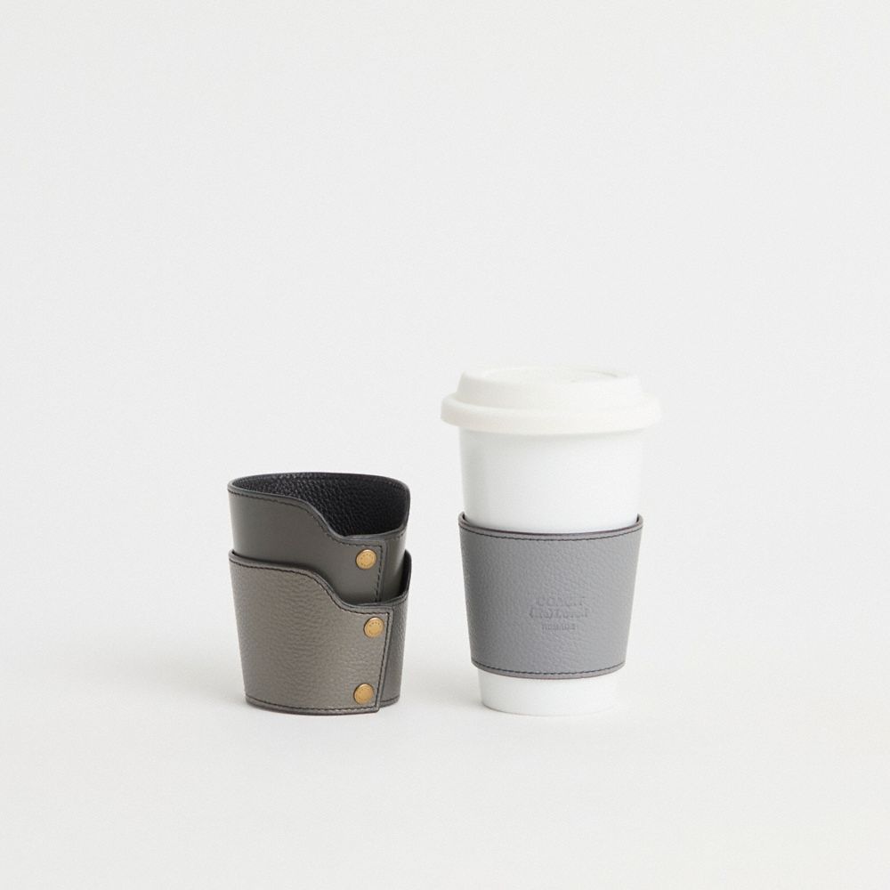 COACH®,Remade Cup Sleeve,Leather,Drink Sleeve,Leather,Reusable,Gray,Group View