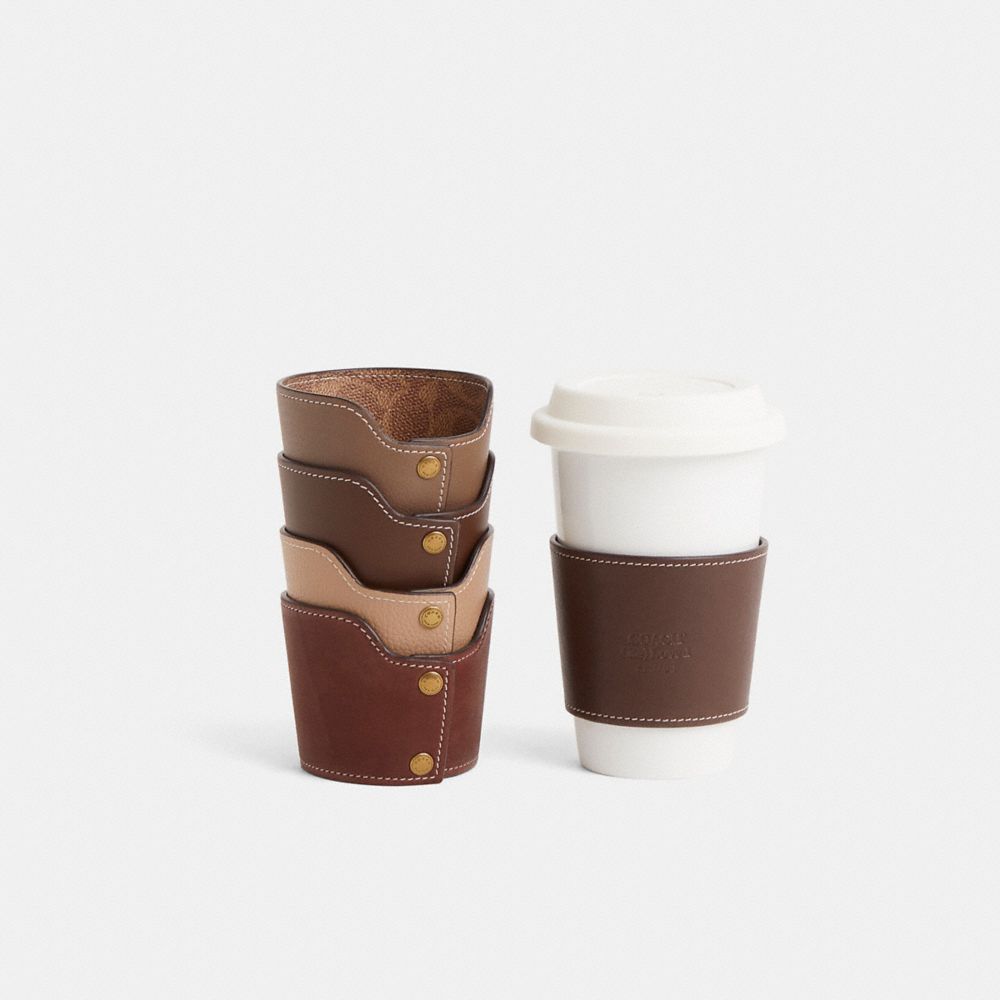 COACH®,Remade Cup Sleeve,Leather,Drink Sleeve,Leather,Reusable,Brown,Group View