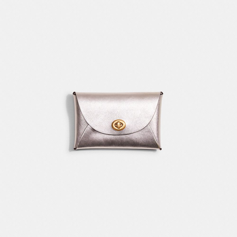 COACH®,Remade Medium Pouch,Leather,Coin,Embossed,Logo,Casual,Metallic,Silver,Front View