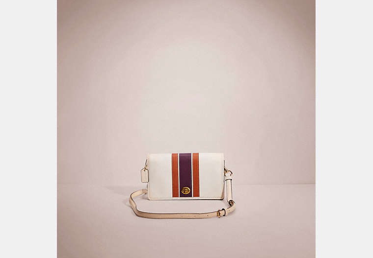 COACH®,RESTORED CALLIE FOLDOVER CHAIN CLUTCH WITH VARSITY STRIPE,Smooth Leather,Mini,Brass/Chalk Multi,Front View