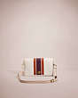 COACH®,RESTORED CALLIE FOLDOVER CHAIN CLUTCH WITH VARSITY STRIPE,Smooth Leather,Mini,Brass/Chalk Multi,Front View
