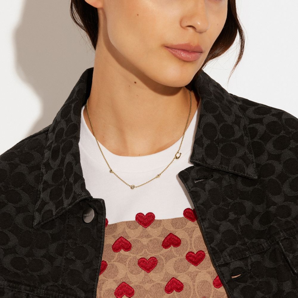 COACH®,Signature Crystal Necklace,Single Strand,Glass,Logo,Rhinestones,Lettering Word,Silver Plated,Casual,Clear,Detail View