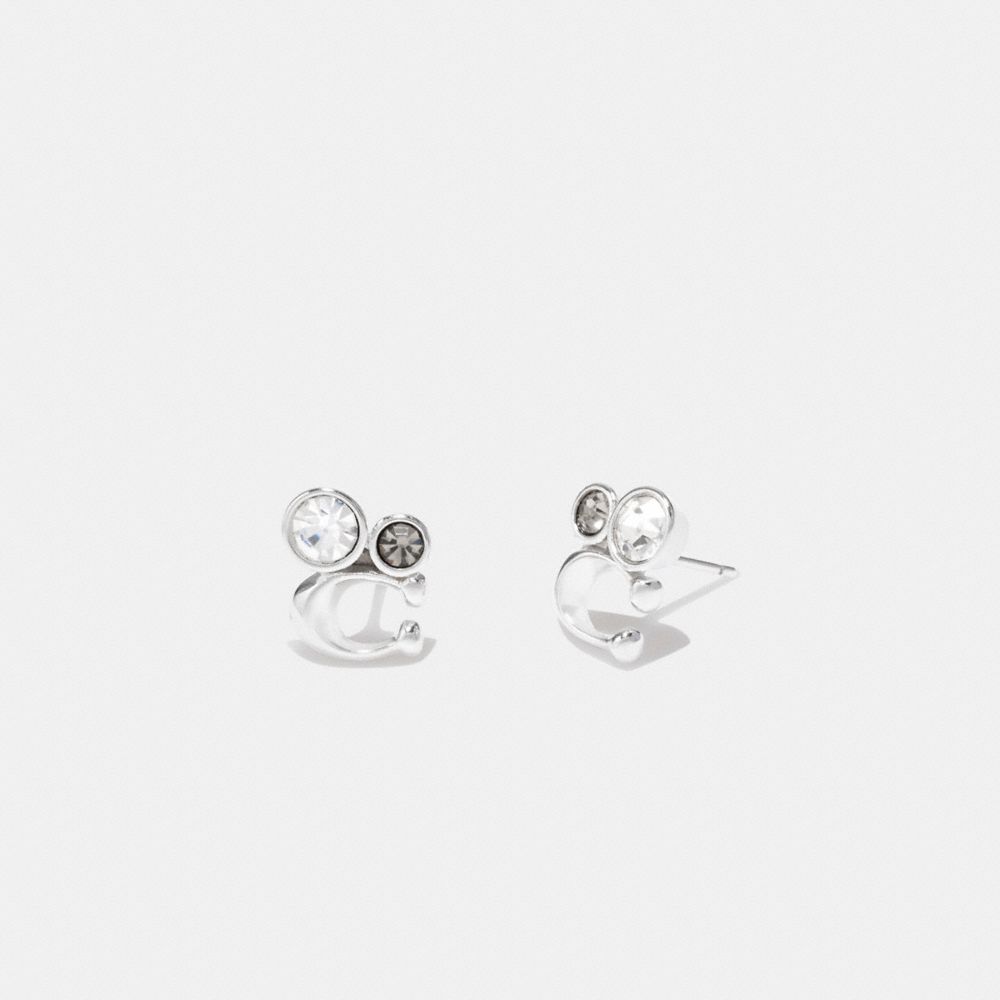 COACH®,SIGNATURE CRYSTAL CLUSTER STUD EARRINGS,Silver/Black,Front View