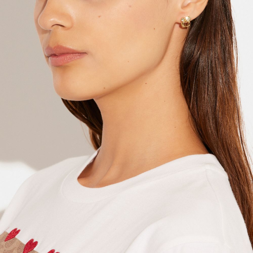 COACH®,Signature Crystal Cluster Stud Earrings,Studs,Glass,Rhinestones,Logo,Lettering Word,Silver Plated,Casual,Clear,Detail View
