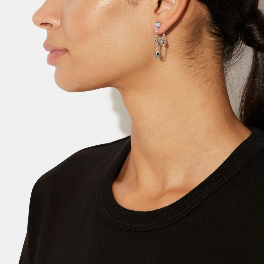 COACH®,SIGNATURE CRYSTAL CHAIN EARRINGS,Silver/Black,Detail View