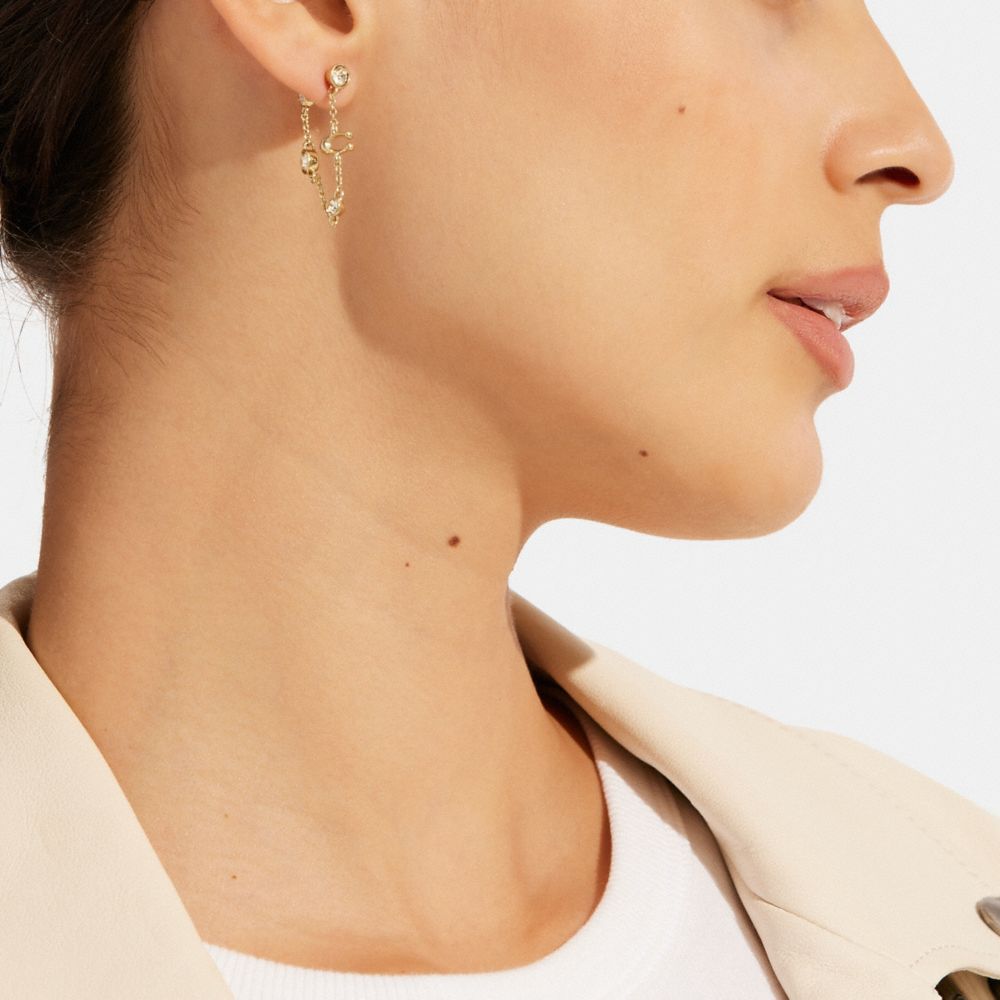 COACH®,SIGNATURE CRYSTAL CHAIN EARRINGS,Gold,Detail View