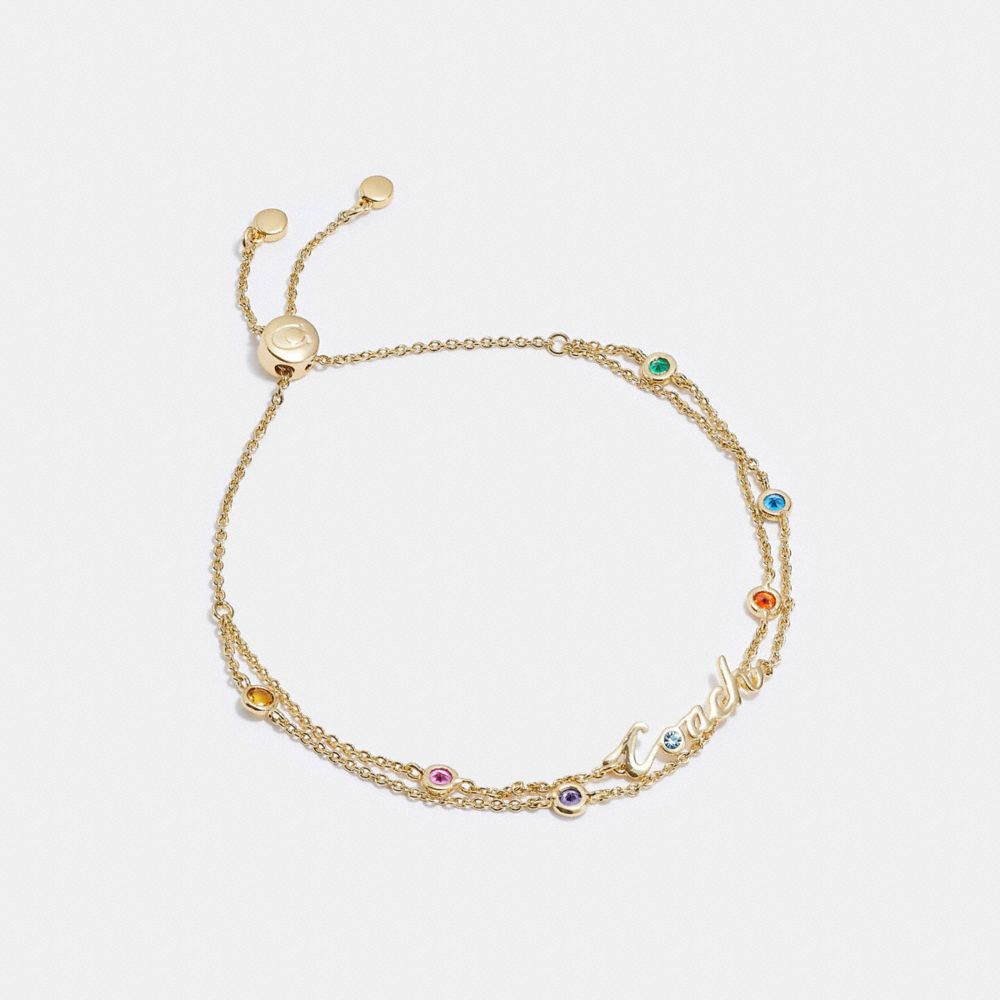 COACH®,SIGNATURE SCRIPT DOUBLE CHAIN SLIDER BRACELET,Gold Multi,Front View