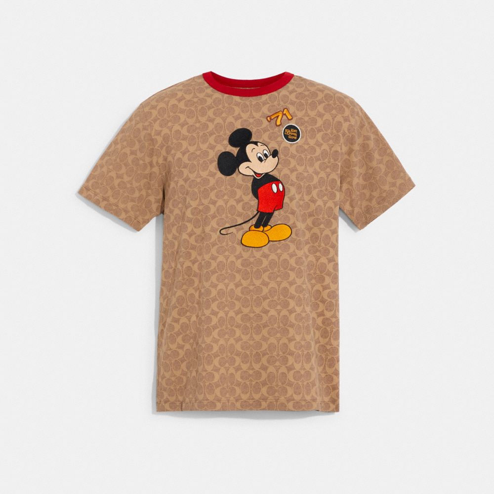COACH®,DISNEY X COACH MICKEY MOUSE SIGNATURE T-SHIRT IN ORGANIC COTTON,cotton,Tan Signature,Front View