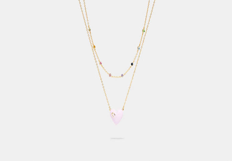 COACH®,ENAMEL SIGNATURE HEART DOUBLE CHAIN NECKLACE,Enamel/Plated Brass,Gold/Pink Multi,Front View