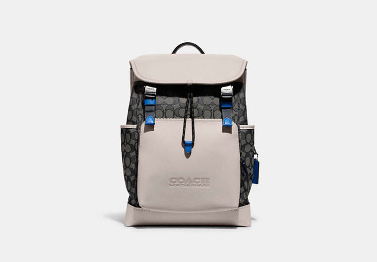 COACH®,LEAGUE FLAP BACKPACK IN SIGNATURE JACQUARD,X-Large,Black Copper/Navy/Steam,Front View