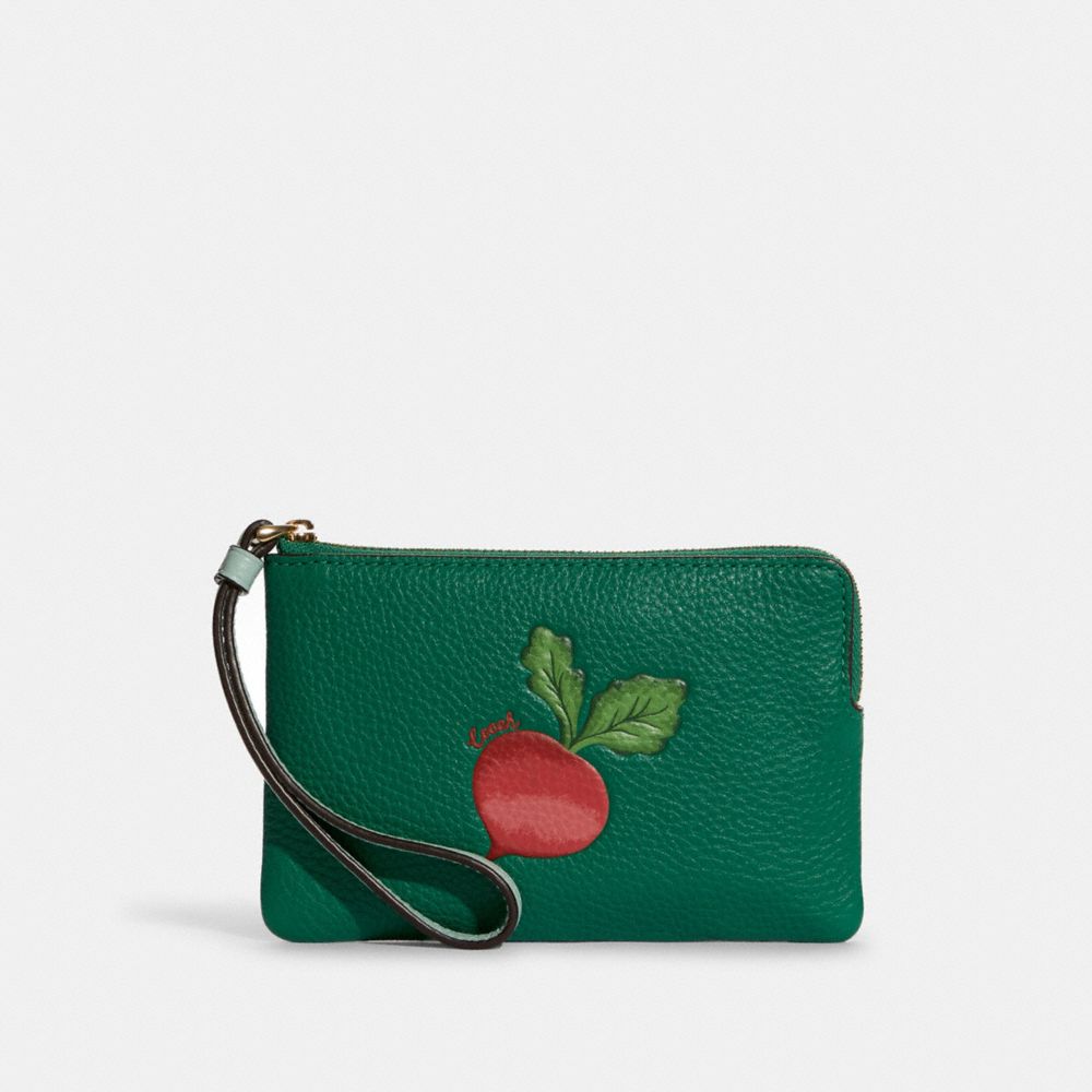 COACH®,CORNER ZIP WRISTLET WITH RADISH,Leather,Mini,Gold/Green/Light Teal Multi,Front View