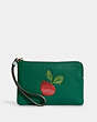 COACH®,CORNER ZIP WRISTLET WITH RADISH,Leather,Mini,Gold/Green/Light Teal Multi,Front View