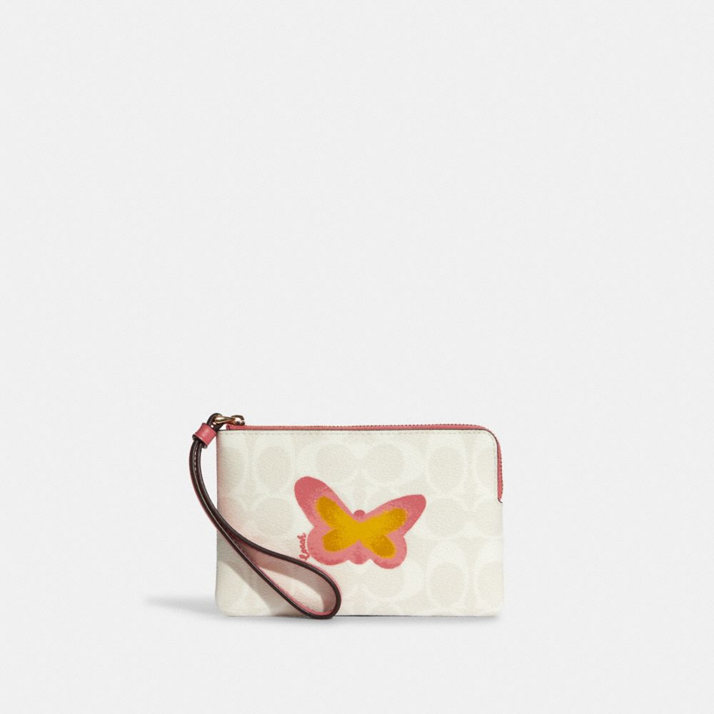 Corner Zip Wristlet In Signature Canvas With Butterfly