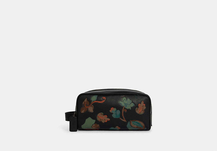 COACH®,LARGE TRAVEL KIT WITH DREAMY LEAVES PRINT,Leather,Medium,Gunmetal/Black Multi,Front View