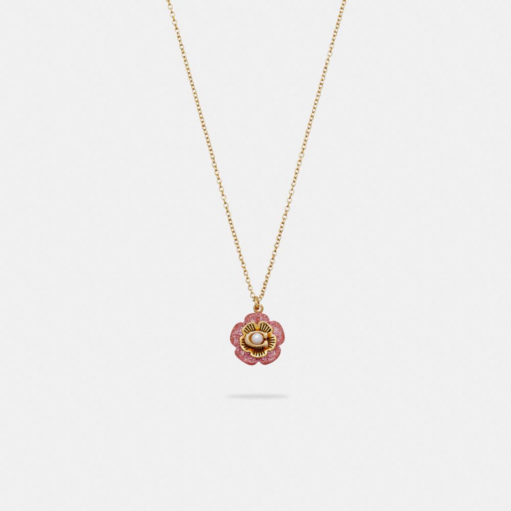 COACH®,TEA ROSE NECKLACE,Brass,Gold/Pink,Front View image number 0