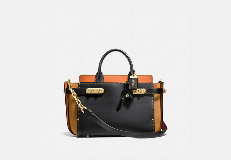 COACH®,RESTORED COACH DOUBLE SWAGGER IN COLORBLOCK,Large,Brass/Black Multi,Front View
