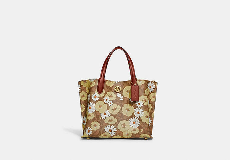 COACH®,WILLOW TOTE BAG 24 IN SIGNATURE CANVAS WITH FLORAL PRINT,Signature Coated Canvas,Medium,Brass/Tan Rust Multi,Front View
