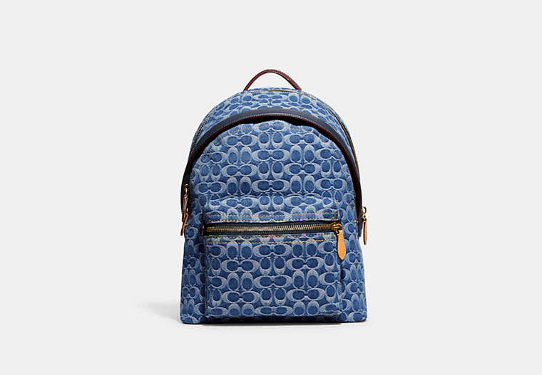 COACH®,CHARTER BACKPACK IN SIGNATURE DENIM,Calf Leather,X-Large,Washed Denim,Front View