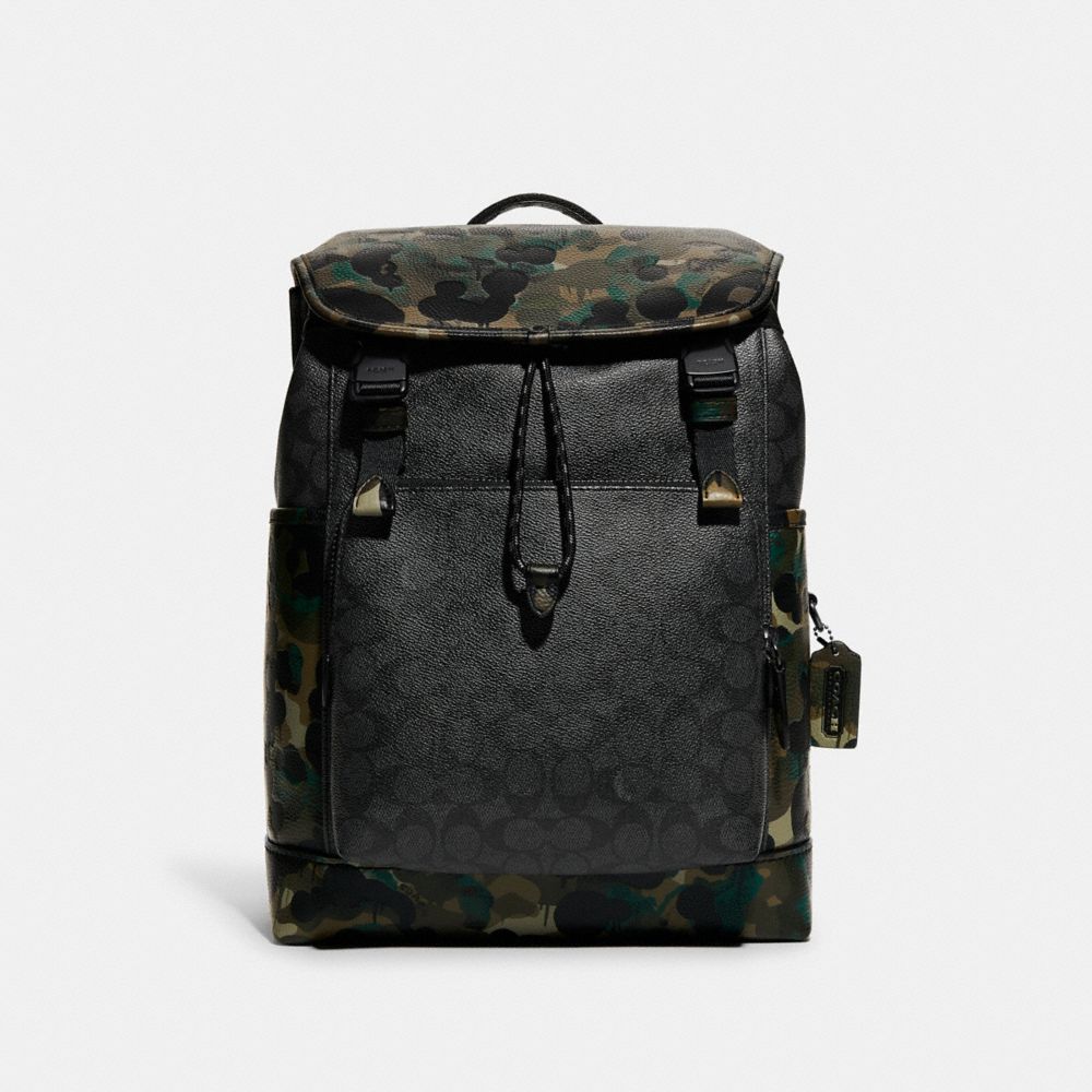COACH®,LEAGUE FLAP BACKPACK IN SIGNATURE CANVAS WITH CAMO PRINT,X-Large,Charcoal Multi,Front View