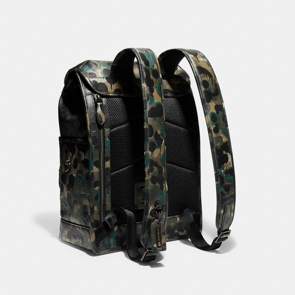 COACH®,LEAGUE FLAP BACKPACK IN SIGNATURE CANVAS WITH CAMO PRINT,X-Large,Charcoal Multi,Angle View