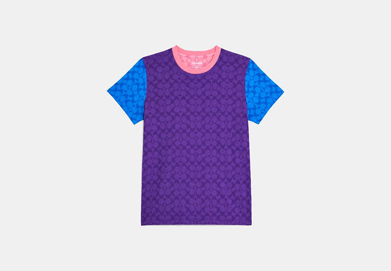 COACH®,BLOCKED SIGNATURE T-SHIRT,cotton,Purple Multi,Front View