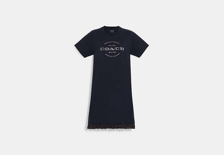 COACH®,JERSEY DRESS WITH LACE HEM,Navy,Front View
