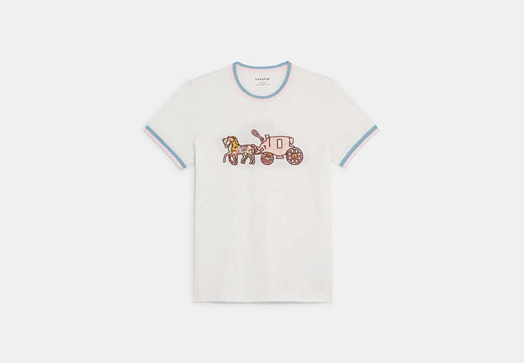 COACH®,PATCHWORK HORSE AND CARRIAGE T-SHIRT,White,Front View