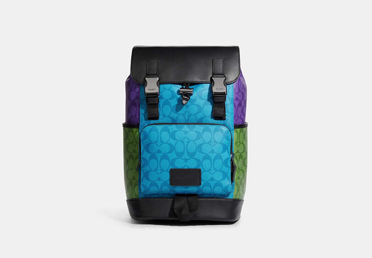 COACH®,TRACK BACKPACK IN BLOCKED SIGNATURE CANVAS,X-Large,Gunmetal/Bright Blue Multi,Front View