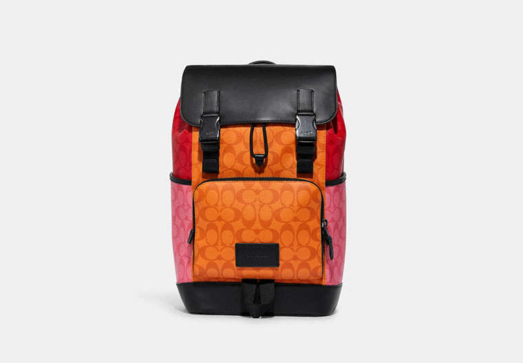COACH®,TRACK BACKPACK IN BLOCKED SIGNATURE CANVAS,X-Large,Gunmetal/Light Orange Multi,Front View